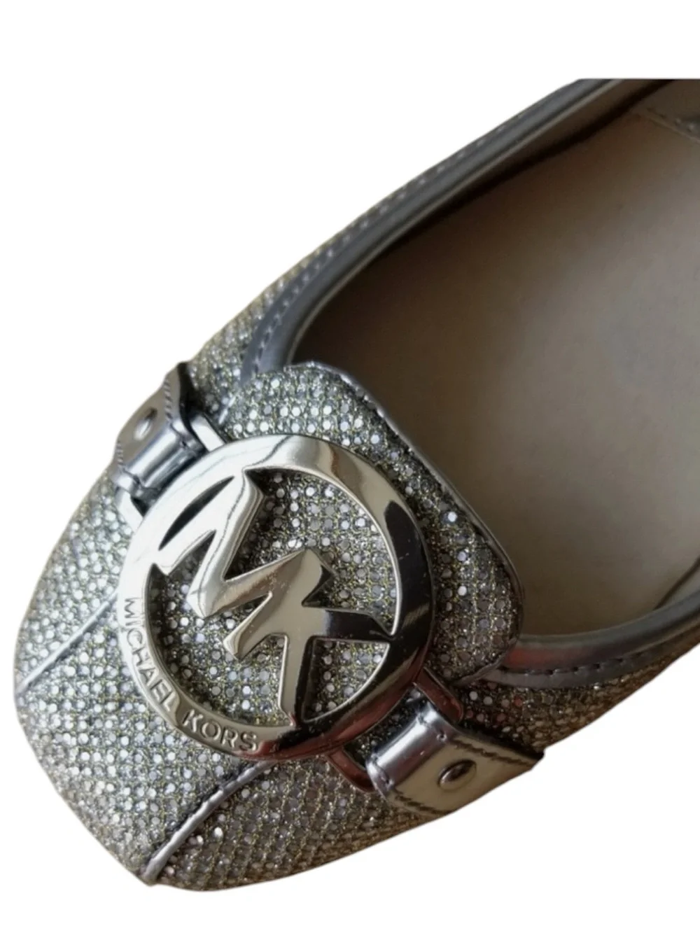 Michael Kors Fulton Moccasin Ballet Flat Silver Metallic Glitter Finish Sz 7M